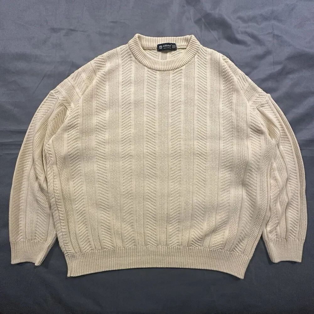 Vintage 80s St Michael Cable Knit Sweater Mens 46 Yellow Made in UK Herringbone - Picture 1 of 9